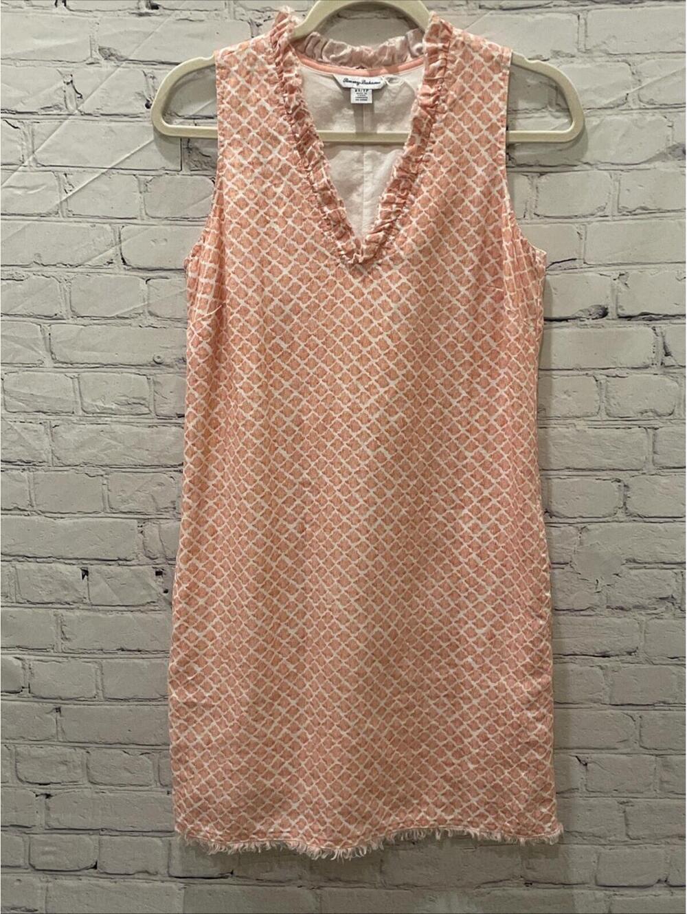Tommy Bahama Pink Ikat Print 100% Linen Shift Dress XS Side Pockets Raw Hem